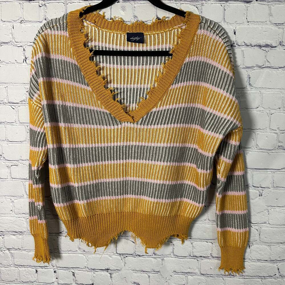 Daytrip Mustard Yellow Striped Fringe Knit Slouchy V-Neck Sweater Size Medium